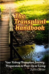 The Transplant Handbook cover page. Featuring a bridge crossing a stream from darkness to the light of a post transplant life.